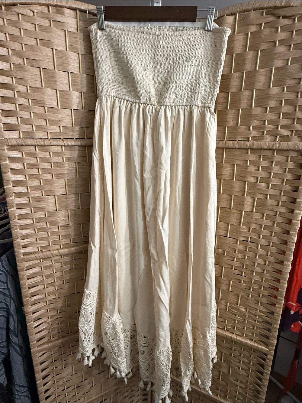 Cupshe Strapless Cream Boho Hi-Low Smocked Strapless Dress Resort Vacation - Picture 7 of 7